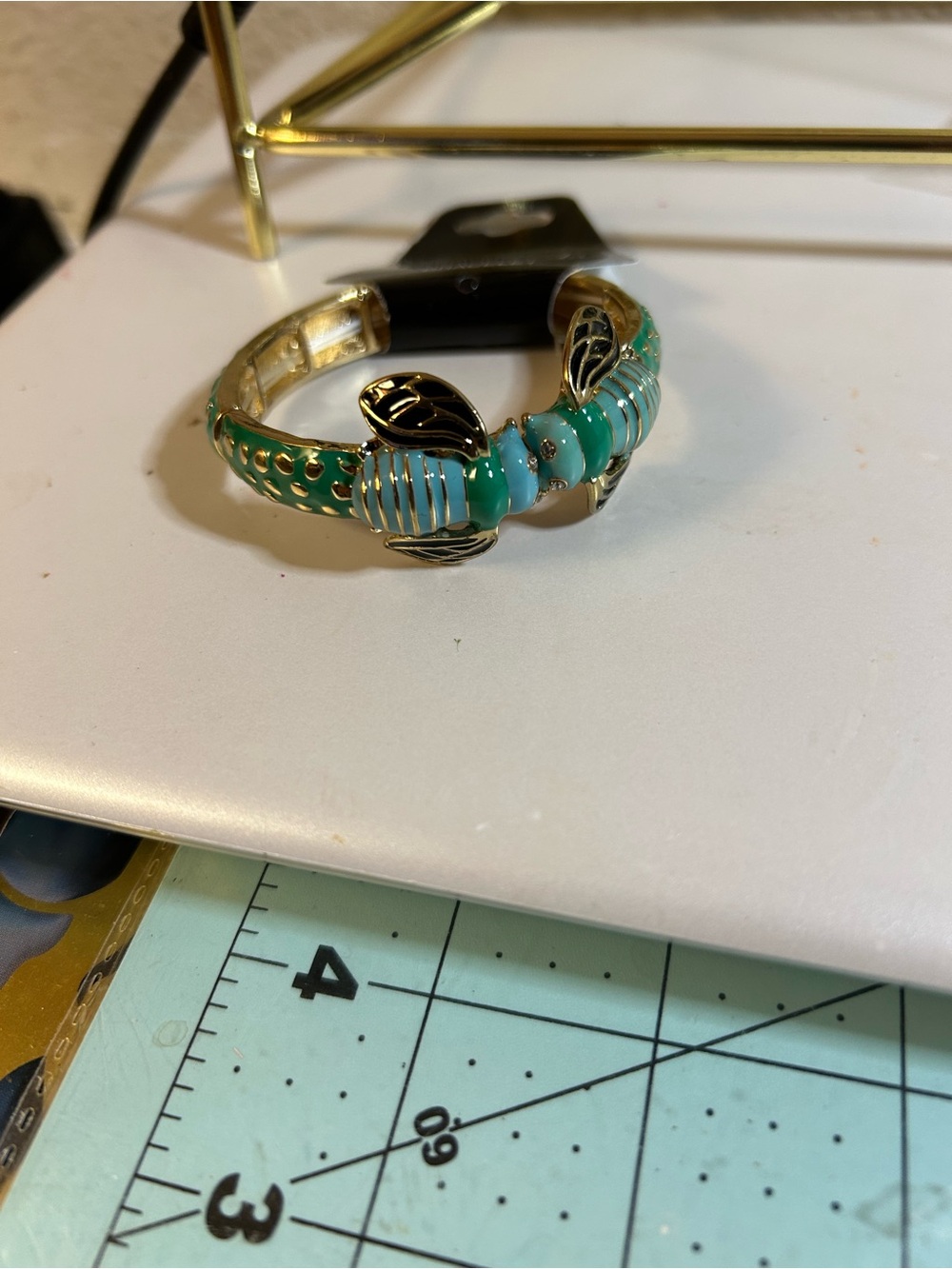 Gold-Tone Turquoise Enamel Leaf Cuff Bracelet